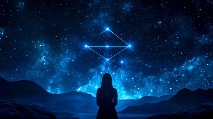 Wall Mural - woman observing laser pointing at constellation in night sky
