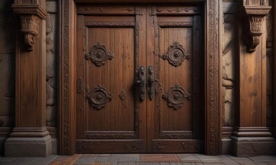 Close-up of ancient wooden door with intricate carvings and rusty hinges in dimly lit chamber,  hinges,  ancient