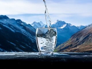 Aufkleber - Crystal-clear water pours into a glass against a stunning backdrop of snow-capped mountains.  The scene evokes purity and the refreshing taste of nature.