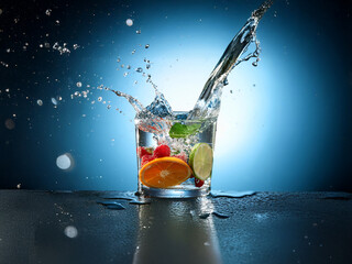 Poster - Refreshing fruit-infused water splashes dramatically in a glass, creating a vibrant, dynamic scene against a dark blue backdrop.  The image evokes feelings of coolness and refreshment.