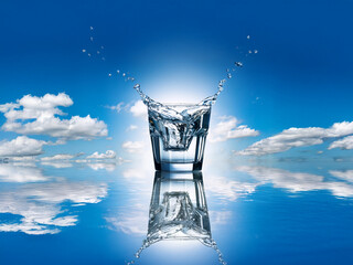 Poster - A glass of water with a splash sits on a reflective surface mirroring a bright blue sky with fluffy clouds.  The scene evokes refreshment and purity.