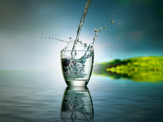 Poster - Water pours into a glass, creating a splash against a serene, blurred background of nature's reflection.  The scene evokes freshness and purity.