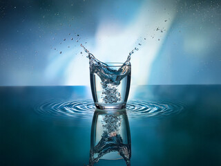 Poster - A glass of water with ice cubes, splashing dynamically, is reflected on a dark blue, watery surface.  The background features a soft, celestial glow.