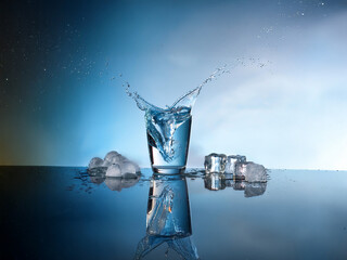 Poster - A splash of water erupts from a glass, ice cubes scattered nearby, reflecting on a glossy surface against a serene blue backdrop.  The scene evokes purity and refreshment.