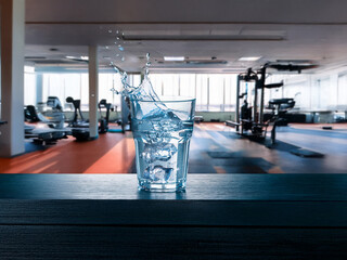 Leinwandbilder - Refreshing ice water splashes in a glass, resting on a counter in a modern gym.  The background is blurred, showcasing fitness equipment.