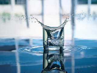 Poster - A glass of water sits on a reflective surface, water splashing as it's poured. The background is blurred, showing an out-of-focus scene.  The image is bright and captures the moment of impact.