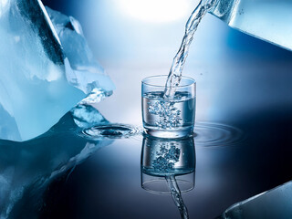 Poster - Clear water pours from a pitcher into a glass sitting on a reflective surface next to a melting ice cube.  The scene is cool and refreshing.