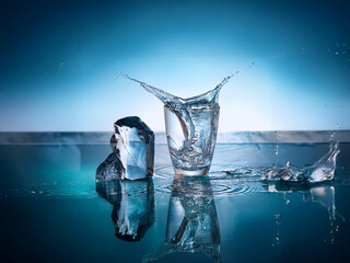Leinwandbilder - A glass of water with ice cubes, showcasing a dynamic splash and reflection on a sleek, dark surface.  The scene is dramatically lit, emphasizing the water's fluidity.