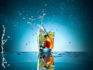 Poster - A refreshing glass of fruit-infused water, captured in a dynamic splash.  The vibrant colors of the berries, citrus, and water create a lively, healthy image.