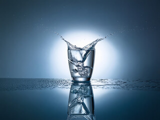 Poster - A glass of water with ice cubes, creating a splash.  The image is captured against a dark background with a bright highlight, and the glass is reflected on a wet surface.