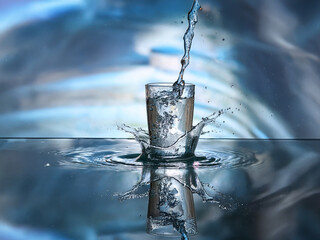 Poster - A glass of water with ice, being poured, creates a dramatic splash and ripple effect against a blurred blue background.  The reflection adds depth to the image.