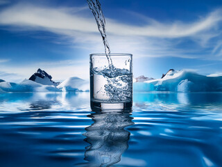 Aufkleber - Crystal-clear water pours into a glass, reflecting a serene glacial landscape.  The pristine scene emphasizes the importance of pure, fresh water.