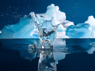 Leinwandbilder - A splash of clear liquid in a glass, ice cubes, against a backdrop of stylized icy clouds and a reflective surface.  The scene evokes coolness and freshness.