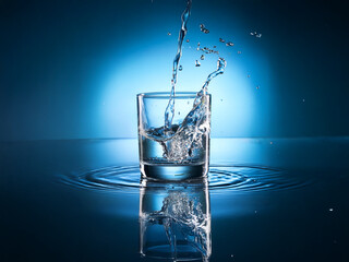 Poster - Water splashing into a clear glass on a dark blue background, creating dynamic ripples and a mesmerizing effect.  The image emphasizes purity and refreshment.