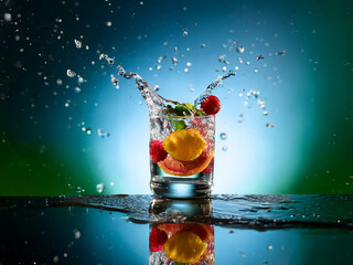 Poster - A refreshing glass of water with assorted fruits creating a vibrant splash. The image is set against a dark, moody background.  The reflection is visible on a wet surface.