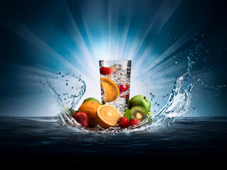 Poster - Refreshing fruit-infused water in a glass, surrounded by a vibrant splash.  The image evokes feelings of summer and healthy hydration.