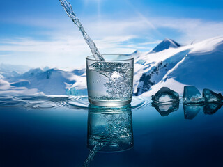 Aufkleber - Crystal-clear water pours into a glass, reflecting a pristine snowy mountain landscape.  Ice cubes glisten nearby, enhancing the scene's purity.