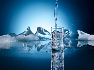 Poster - Crystal clear water pours into a glass filled with ice, surrounded by melting ice formations on a reflective surface.  The cool blue backdrop enhances the refreshing feel.