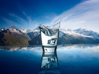 Aufkleber - A glass of ice water sits on a reflective surface, with a stunning mountain range in the background.  The ice cubes create a splash.  Pure, refreshing, and serene.