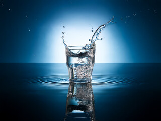 Leinwandbilder - A glass of water with ice cubes, splashed, creating dynamic ripples on a reflective blue surface.  The scene is dramatically lit, highlighting the water's movement.