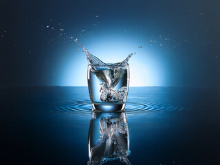 Poster - A glass of water with ice cubes, creating a splash, is reflected on a dark blue surface.  The scene is dramatically lit, highlighting the water's movement and texture.