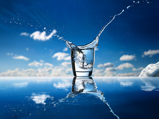 Poster - A glass of water with ice creates a splash against a vibrant blue sky and reflective surface.  The scene evokes feelings of refreshment and purity.