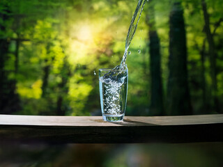 Aufkleber - Clear water pours into a glass on a wooden surface, set against a vibrant, sun-drenched forest backdrop.  The scene evokes purity and refreshment.