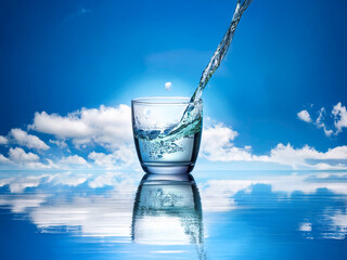 Poster - Clear water pours into a glass against a vibrant blue sky with fluffy clouds, reflecting on a calm surface below.  The scene evokes purity and refreshment.