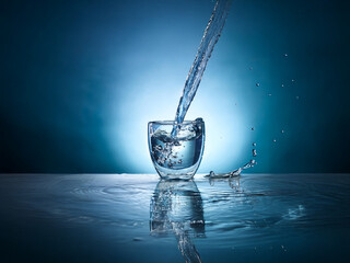 Poster - Water pours into a glass on a reflective surface, creating dynamic splashes and ripples.  The background is a deep blue gradient.