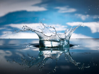 Leinwandbilder - A mesmerizing water droplet impact, creating a crown-like splash against a backdrop of serene blue skies and clouds.  The reflection mirrors the dynamic action on the still surface.
