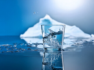 Aufkleber - A glass of water sits on a reflective surface, with an iceberg in the background. Water splashes are visible, suggesting freshness and purity.  The scene evokes a sense of cold, nature, and the import
