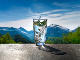 Aufkleber - A glass of fresh, sparkling water sits on a stone surface against a backdrop of majestic mountains under a vibrant blue sky.  The scene evokes purity and refreshment.