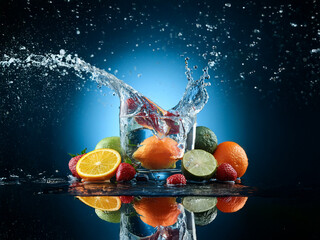 Aufkleber - Vibrant fruitsoranges, limes, strawberriesplunge into a glass of water, creating a dynamic splash against a dark blue backdrop.  The scene is reflected below, enhancing the vibrant colors and the ener