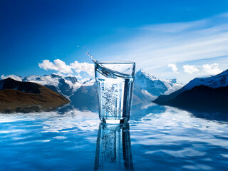 Aufkleber - A glass of pure water, splashing, sits on a reflective surface before a majestic mountain range under a vibrant blue sky.  The scene evokes freshness, purity, and the beauty of nature.