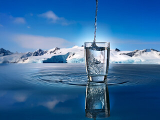 Aufkleber - A glass of water is being filled against a backdrop of a pristine, snow-covered glacial landscape. The clear water contrasts beautifully with the cold, icy scenery.  The reflection adds depth to the s
