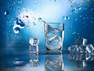Aufkleber - A glass of ice water with splashing droplets on a reflective surface against a blue background.  The scene evokes freshness and purity.
