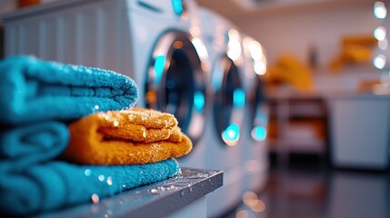 Close-up of neatly stacked, freshly laundered towels in a bright, modern laundry room, evoking feelings of cleanliness, comfort, and domestic bliss.