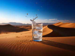 Aufkleber - A glass of ice water sits in the desert sand, a splash of water frozen mid-air against the backdrop of rolling dunes and a vibrant blue sky.  The scene evokes thirst, refreshment, and the contrast bet