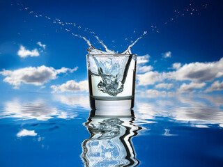 Poster - A glass of water with ice, splashing, sits on a reflective surface against a vibrant blue sky dotted with fluffy white clouds.  The scene evokes feelings of refreshment and purity.