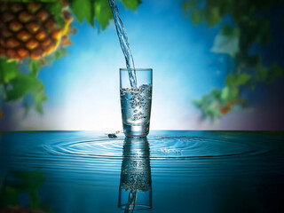 Poster - Clear water pours into a glass on a reflective surface, with blurred tropical fruit and foliage in the background.  The scene evokes refreshment and purity.