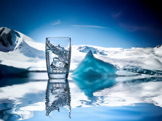 Aufkleber - A glass of ice water sits on a glacial lake, reflecting the stunning snow-capped mountains and bright sky.  Pure, refreshing, and cold.