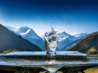 Poster - A glass of pristine water splashes dramatically against a backdrop of snow-capped mountains under a vibrant blue sky.  The scene evokes purity and refreshing coolness.