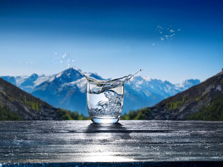 Aufkleber - Crystal clear water splashes in a glass on a wooden table, set against a majestic mountain range under a vibrant blue sky.  The scene evokes purity and refreshment.