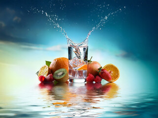 Poster - Refreshing image of a glass of iced water splashing, surrounded by assorted fresh fruits, reflecting on a glassy surface.  A vibrant summer scene.
