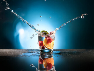 Poster - Refreshing image of fruit splashing into a glass of water.  The vibrant colors and dynamic water spray create a sense of energy and thirst-quenching refreshment.