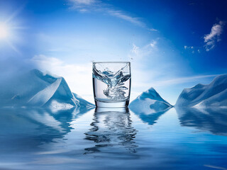Aufkleber - A glass of pure water splashes, reflecting a serene glacial landscape.  The scene evokes freshness and purity.