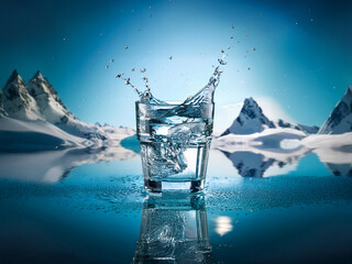 Aufkleber - A glass of ice water splashes, reflecting a serene, snow-capped mountain scene.  The vibrant blue hues create a refreshing, cold atmosphere.