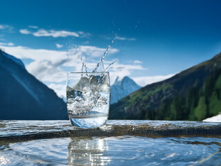 Aufkleber - Refreshing glass of water splashing, set against a stunning mountain backdrop.  The pure water reflects the vibrant sky and serene landscape.