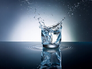 Poster - A glass of water with ice, dramatically splashed, reflects on a dark surface.  The water droplets create a dynamic, cool aesthetic.