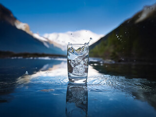Aufkleber - A glass of water sits on a pristine, icy lake, mountains in the background; water splashes as it's poured, creating a dynamic scene reflecting nature's purity.